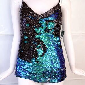 SIMONS ICÔNE NWT Y2K Reversible Sequin Teal Cami Mermaid Party Glam Top Size S/M